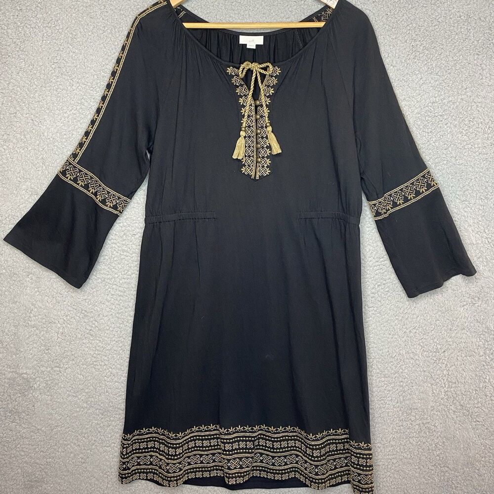J. Jill Peasant Boho Midi A-Line Embroidered Dress Women Stretch M Elastic Waist